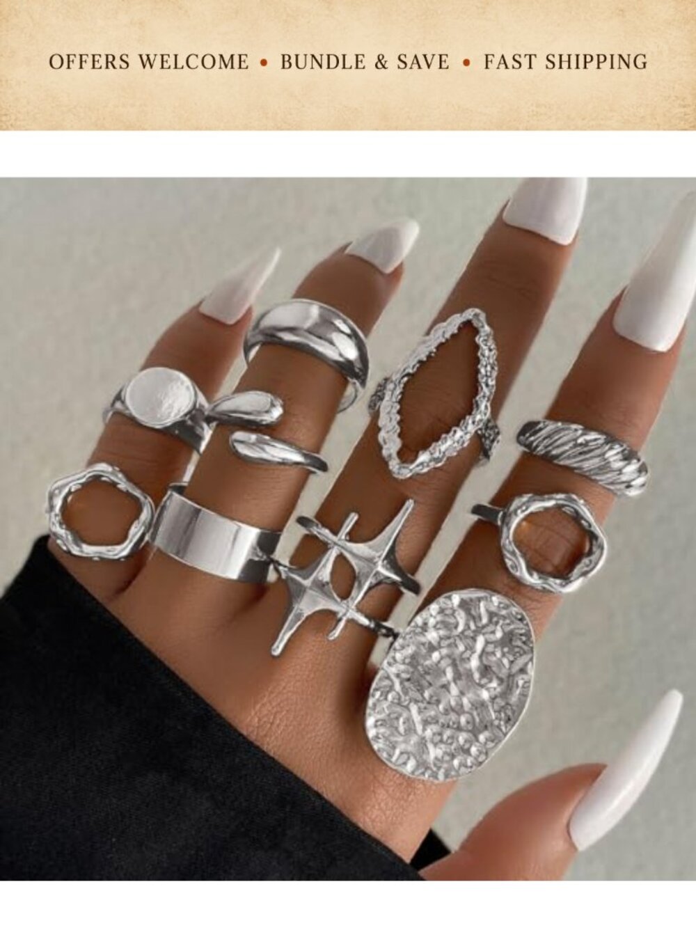 10 Pc 14K Gold Plated Adjustable Stackable Rings Set Punk Style - Picture 2 of 6